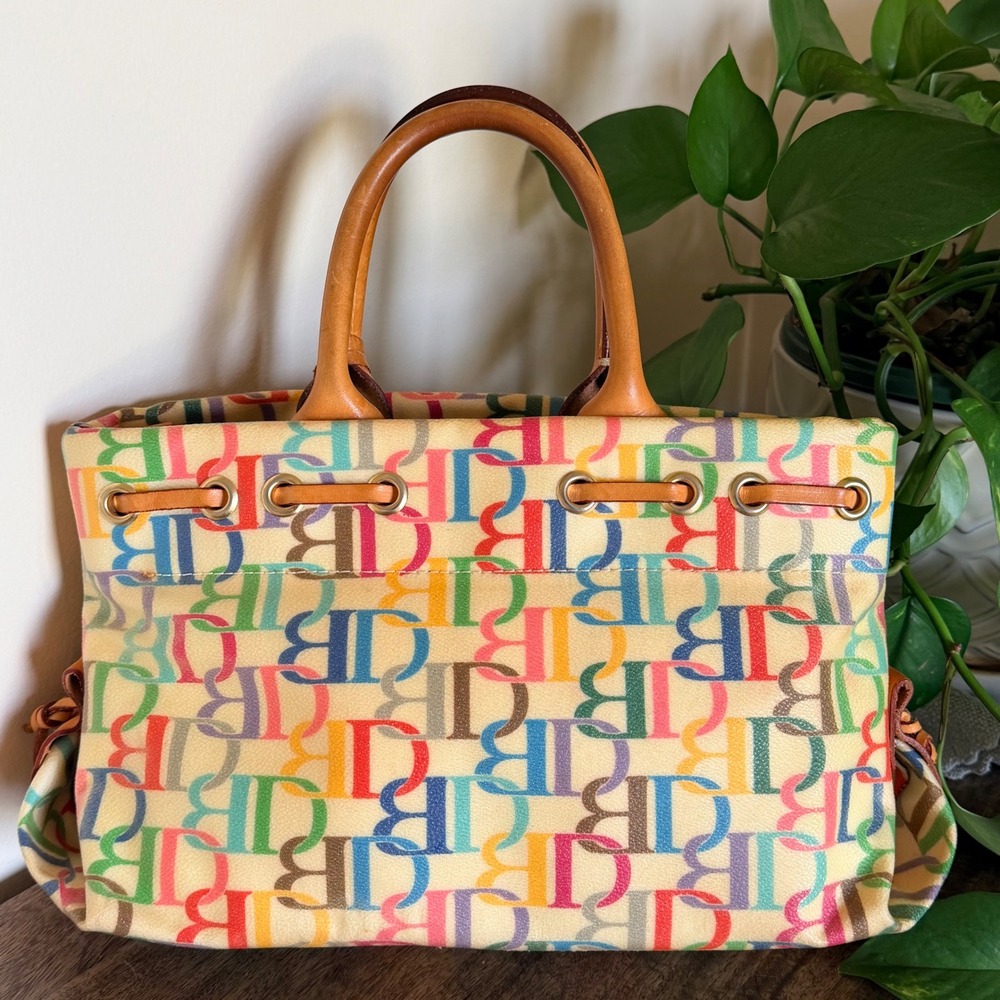 Dooney & Bourke Multicolor Mongram Tote Bag Leather Trim Tassel Charm Y2K Preppy - Picture 8 of 15